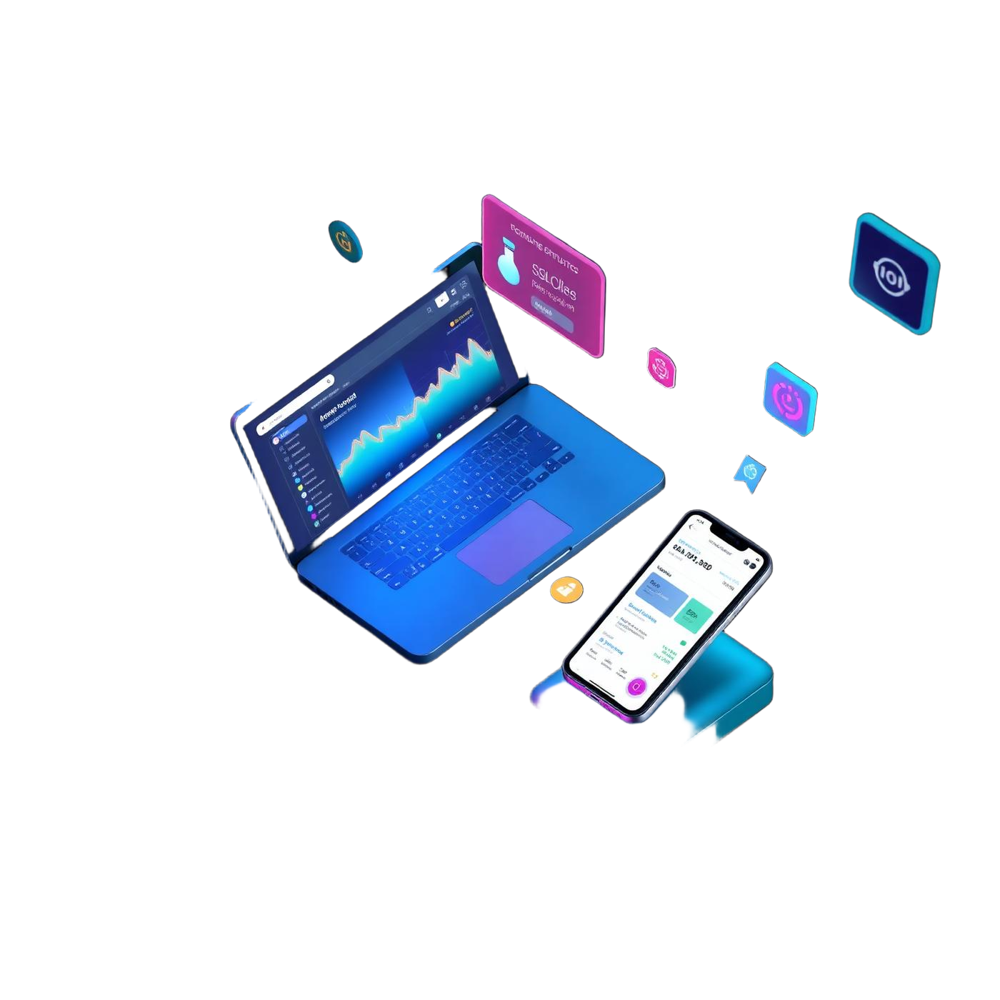 Composição 3D de laptop, celular e dashboard com métricas